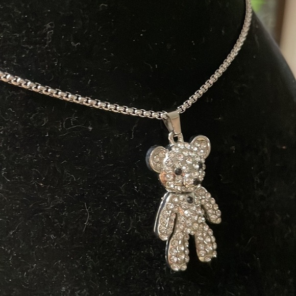 Betsy Johnson Bear Rhinestone Silver Necklace - Picture 14 of 16